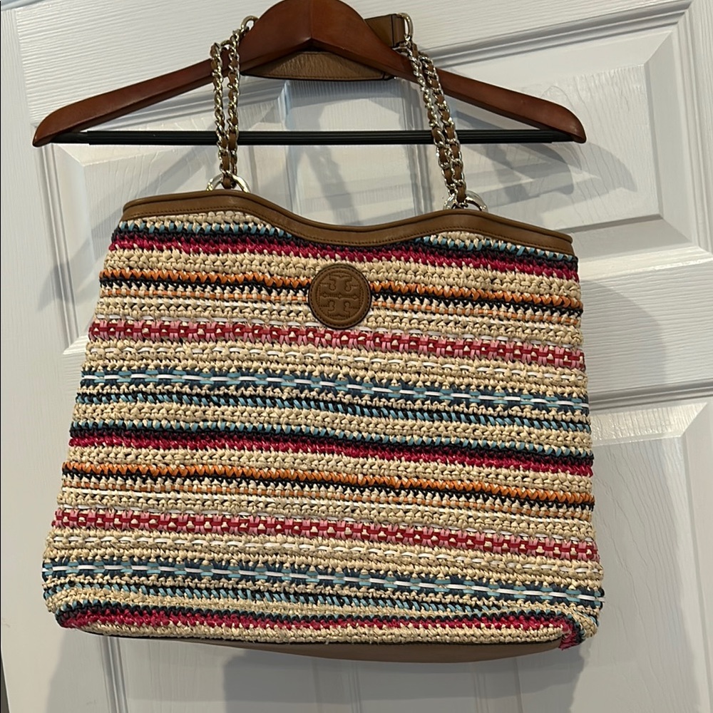 Tory Burch Multi color striped Raffia and leather Marion Tote Bag
